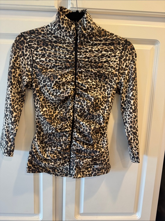 bebe Sport Tops - bebe Leopard Zip-Front Top - Black Beige